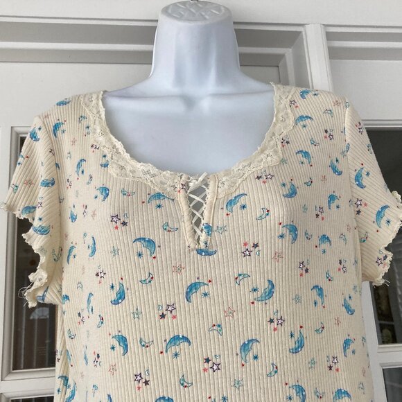 Earth Angels 80% Cotton Stars And Moons Ribbed Cream Nightgown Size medium - Picture 3 of 8